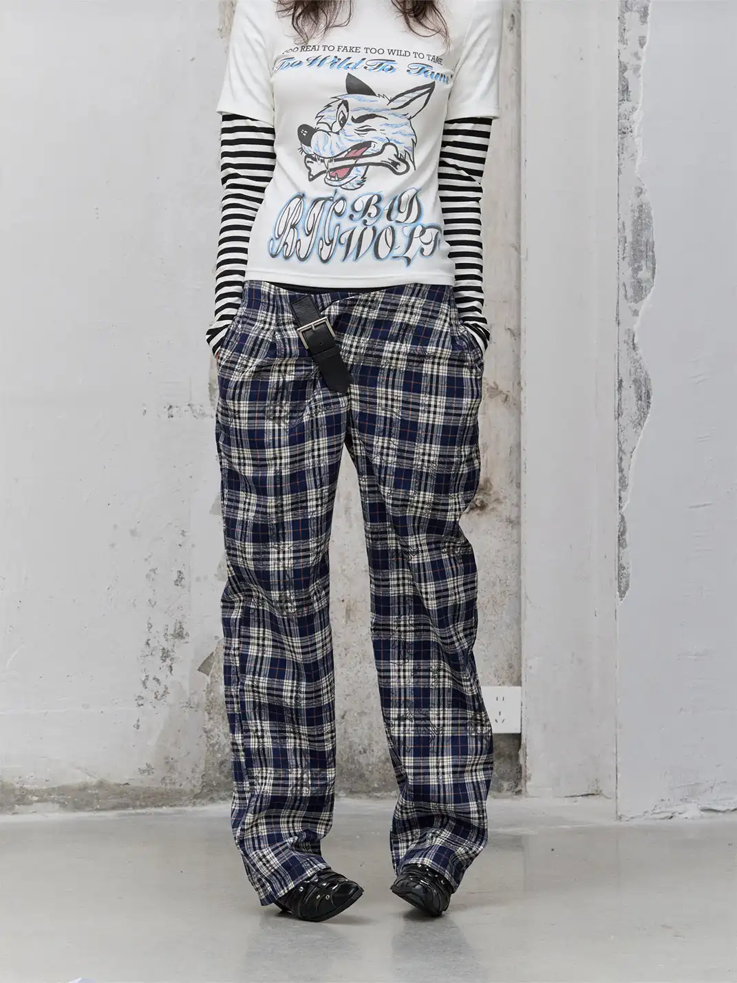 FULLTIDE | Leather Button-Up Pleated Plaid Trousers