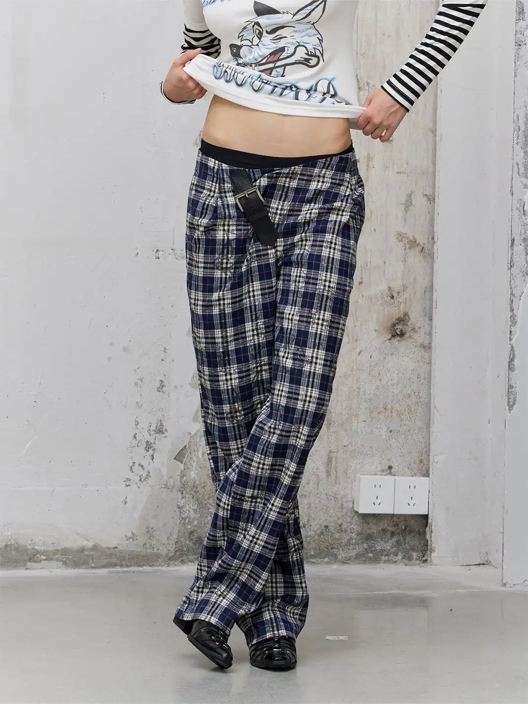 FULLTIDE | Leather Button-Up Pleated Plaid Trousers