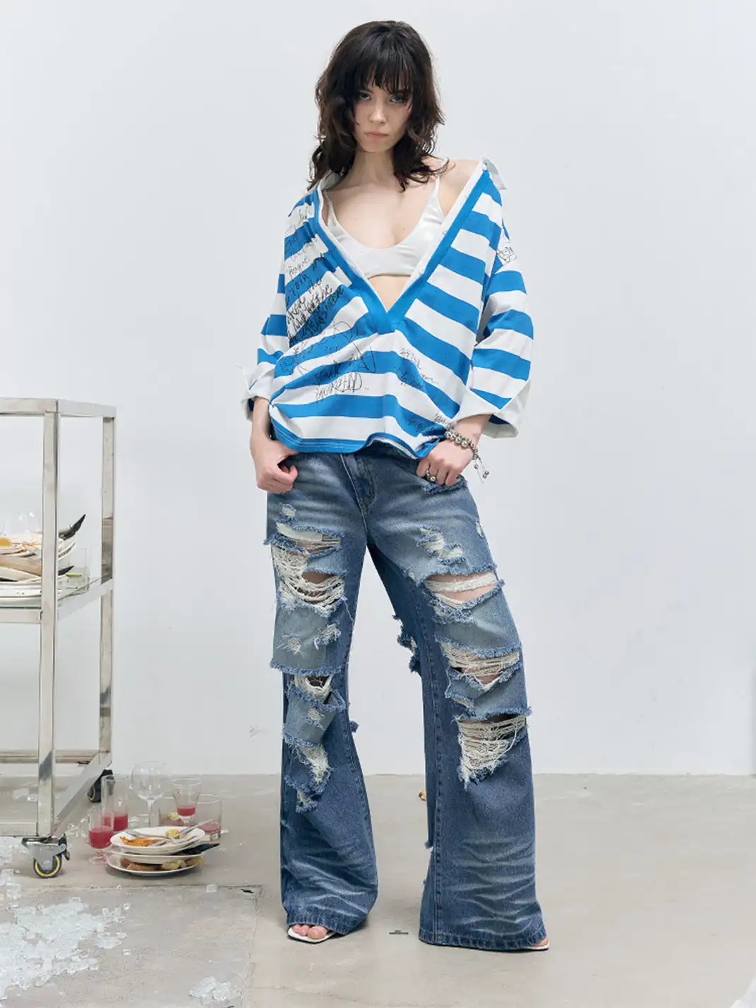 FULLTIDE | Striped Graffiti Faux Two-Piece Polo T-Shirt