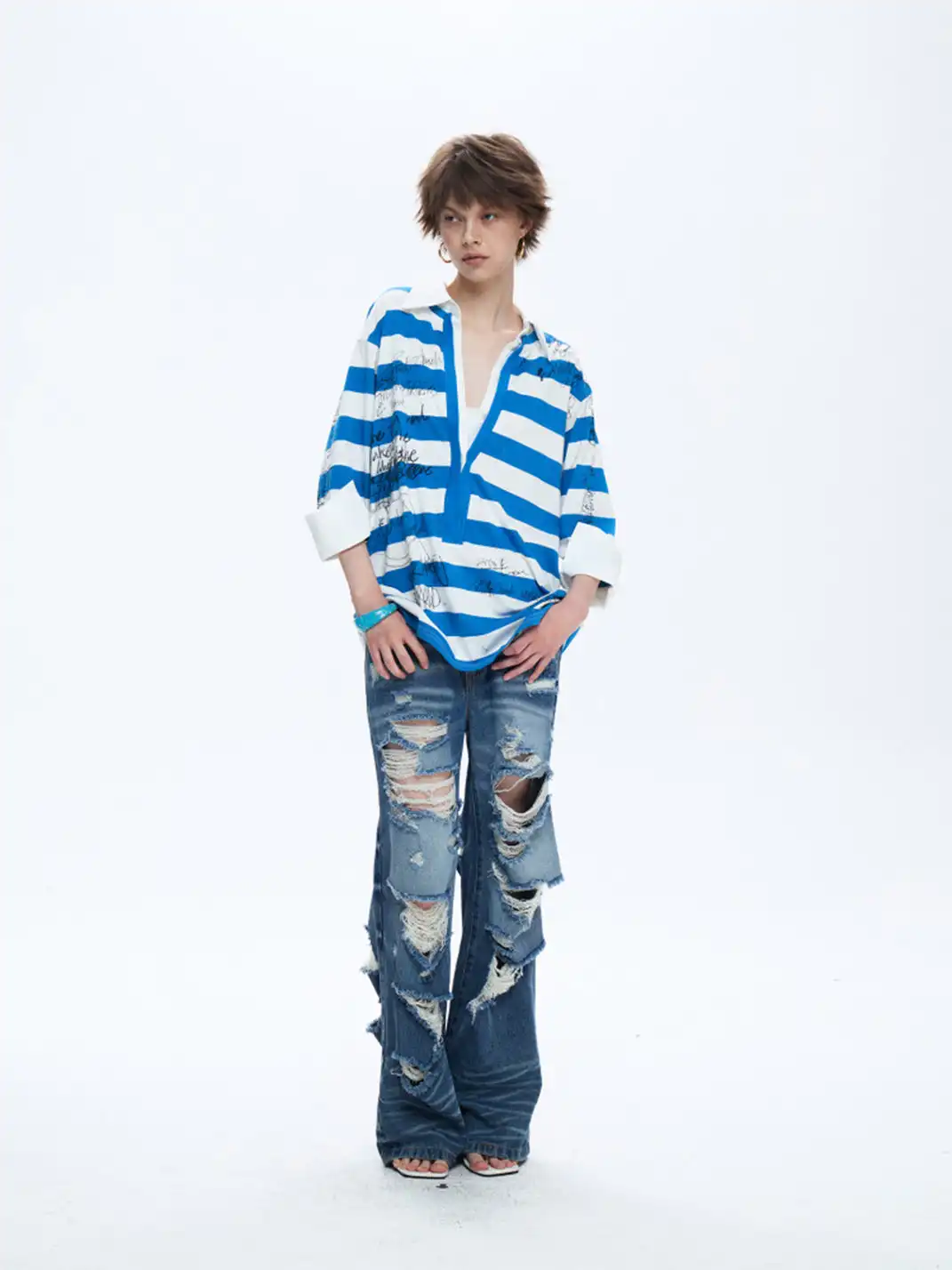 FULLTIDE | Striped Graffiti Faux Two-Piece Polo T-Shirt