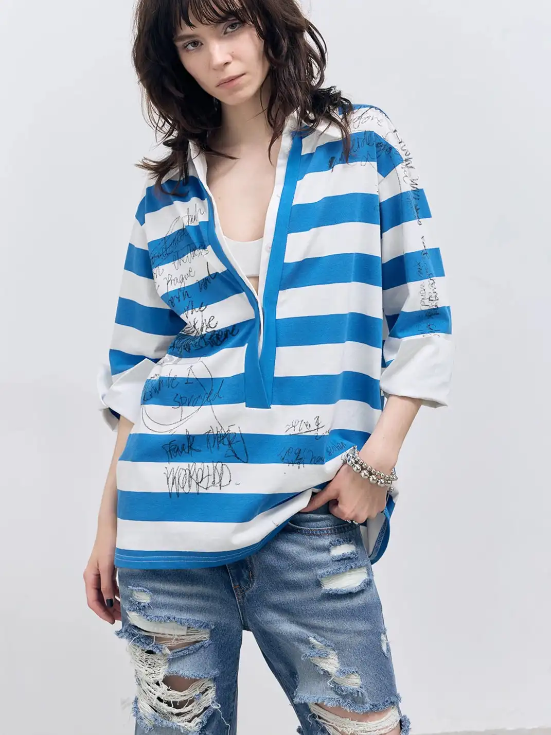FULLTIDE | Striped Graffiti Faux Two-Piece Polo T-Shirt