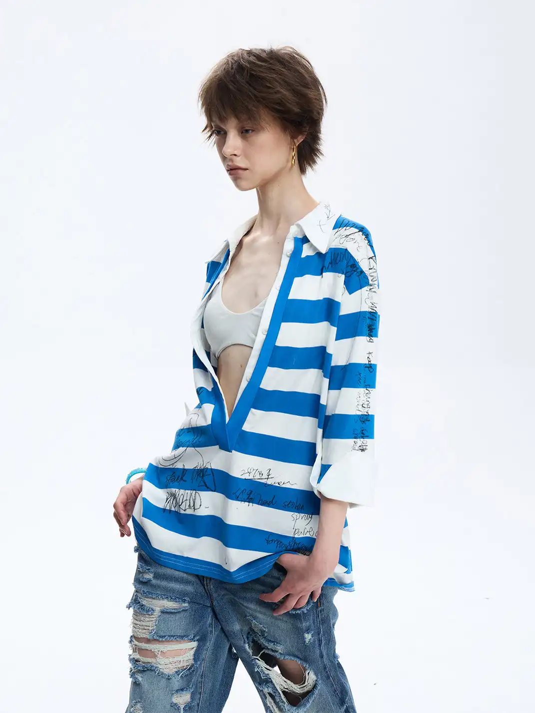 FULLTIDE | Striped Graffiti Faux Two-Piece Polo T-Shirt