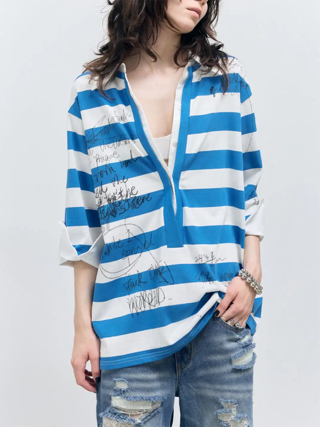 FULLTIDE | Striped Graffiti Faux Two-Piece Polo T-Shirt