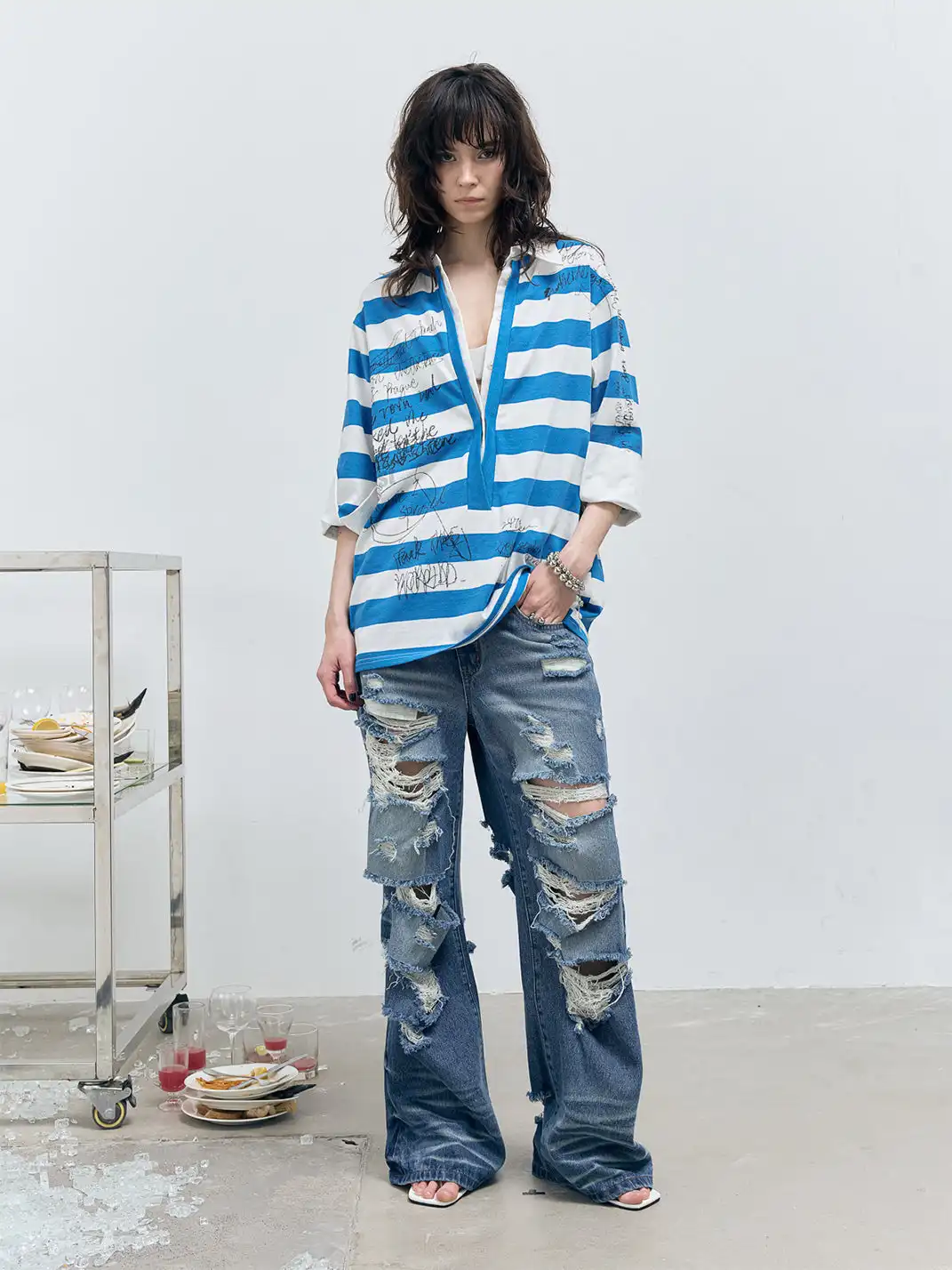 FULLTIDE | Striped Graffiti Faux Two-Piece Polo T-Shirt