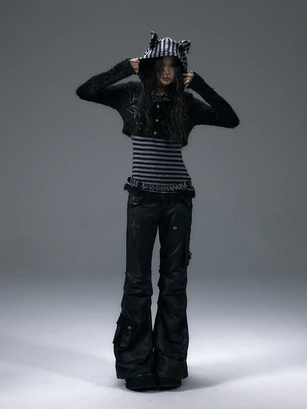 NO ROMANCE | Embroidered Two-Piece Striped Hooded Long-Sleeved Top