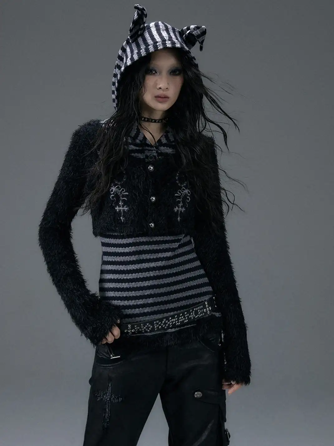 NO ROMANCE | Embroidered Two-Piece Striped Hooded Long-Sleeved Top