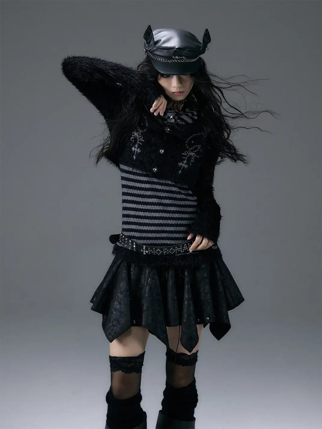 NO ROMANCE | Embroidered Two-Piece Striped Hooded Long-Sleeved Top