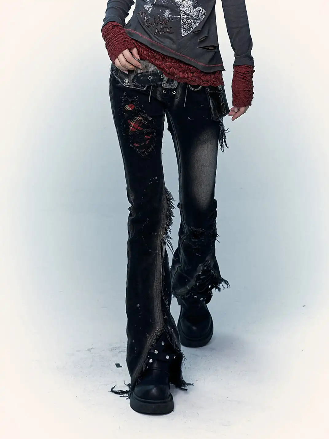 NO ROMANCE | Patchwork Plaid Distressed Washed Denim Jeans