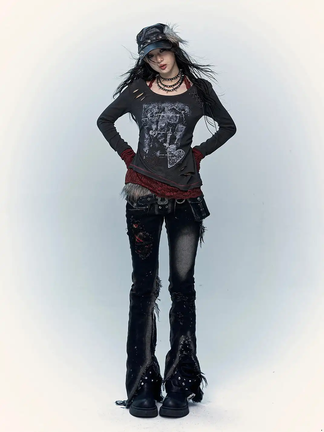 NO ROMANCE | Patchwork Plaid Distressed Washed Denim Jeans