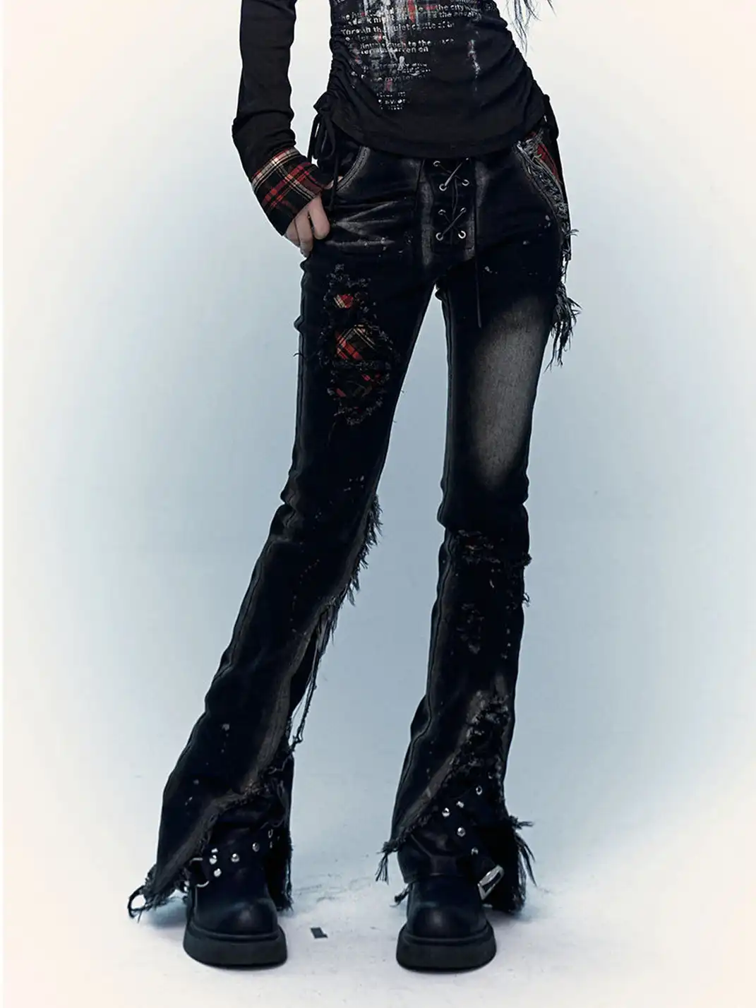 NO ROMANCE | Patchwork Plaid Distressed Washed Denim Jeans