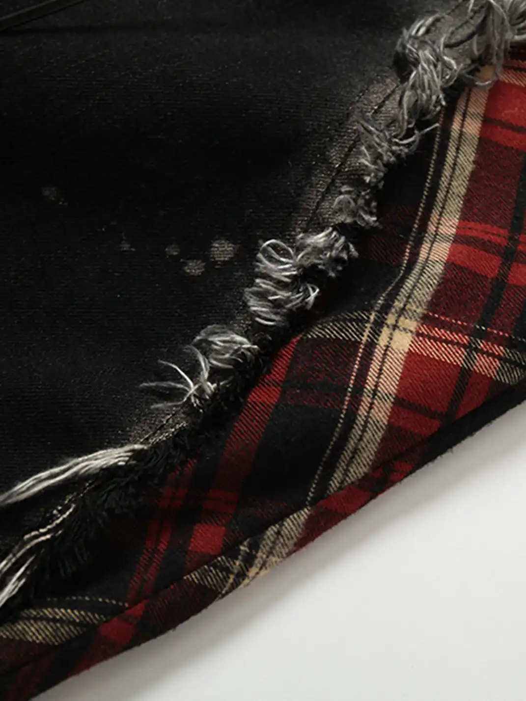 NO ROMANCE | Patchwork Plaid Distressed Washed Denim Jeans