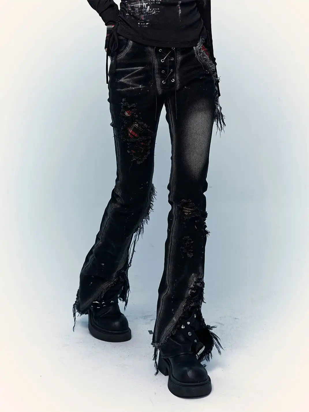 NO ROMANCE | Patchwork Plaid Distressed Washed Denim Jeans