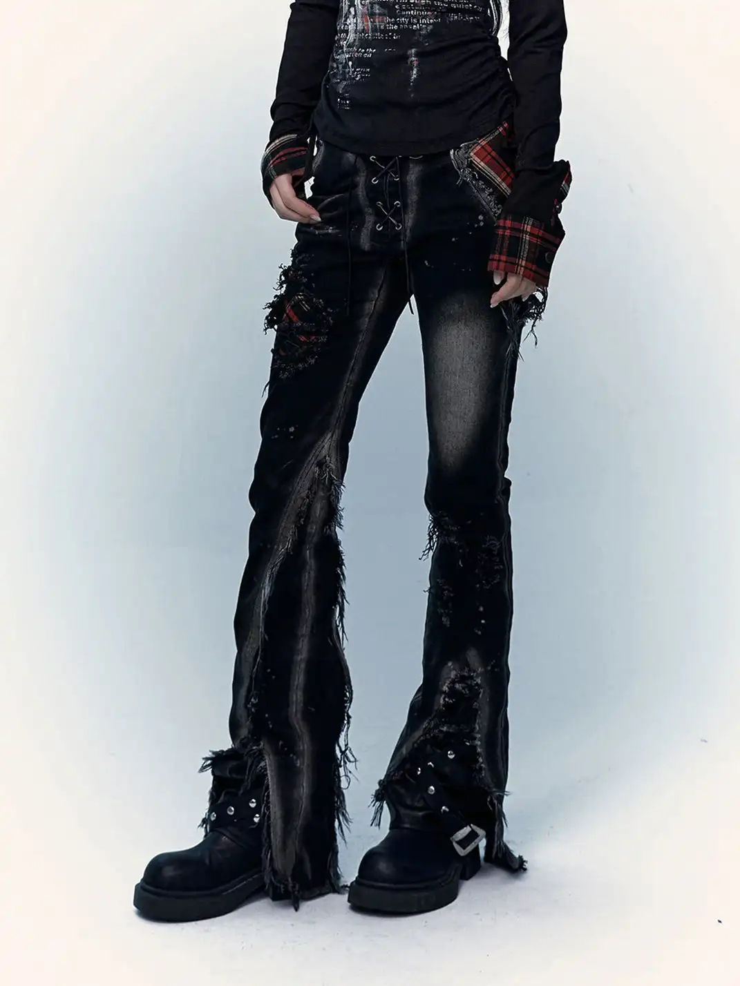 NO ROMANCE | Patchwork Plaid Distressed Washed Denim Jeans