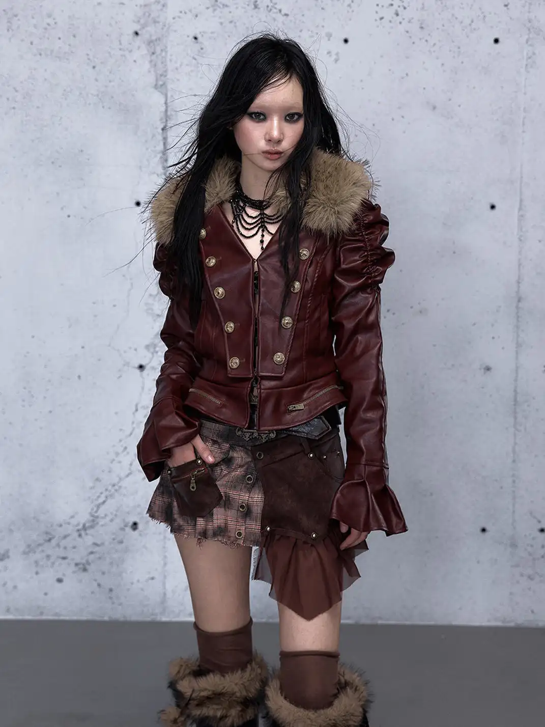 NO ROMANCE | Detachable Fur Collar Fitted Leather Coat