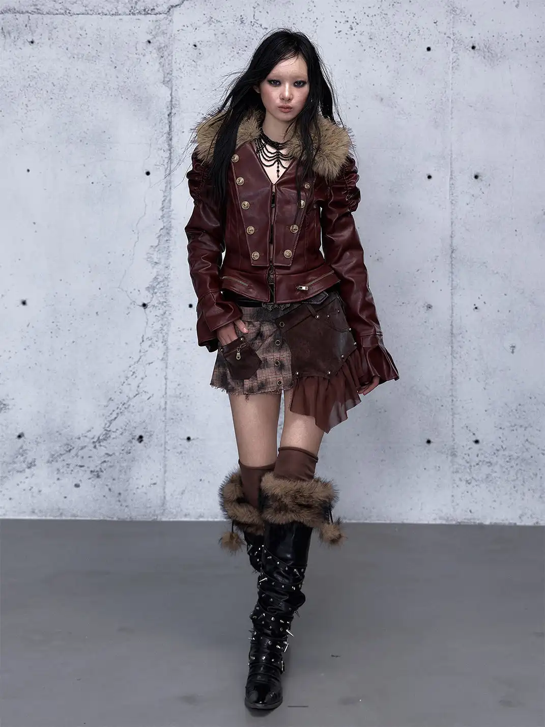 NO ROMANCE | Detachable Fur Collar Fitted Leather Coat
