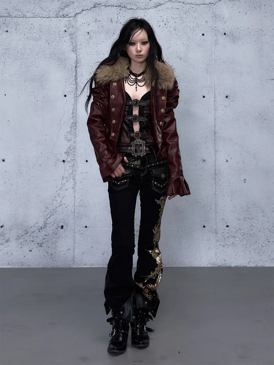 NO ROMANCE | Detachable Fur Collar Fitted Leather Coat