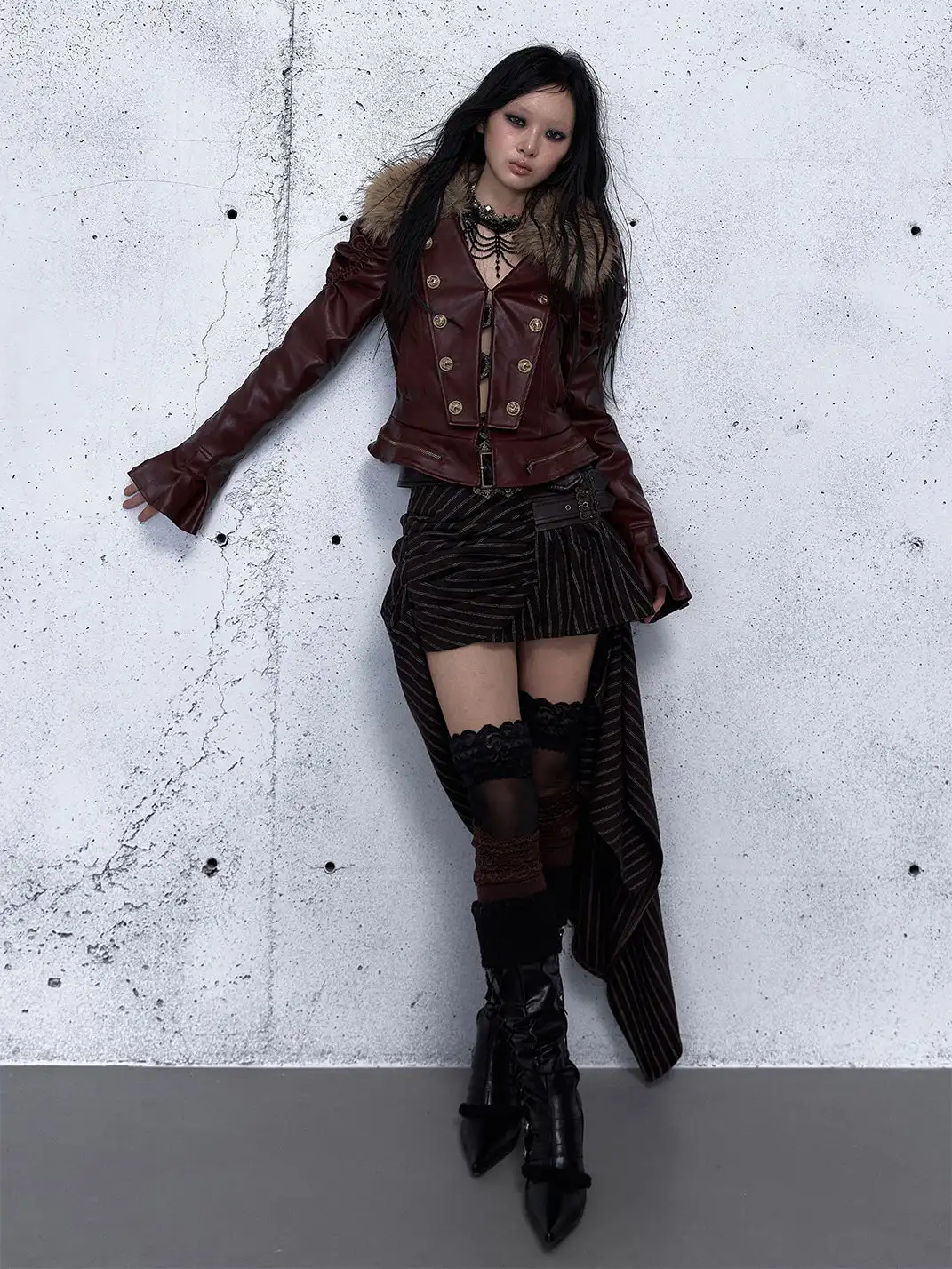NO ROMANCE | Detachable Fur Collar Fitted Leather Coat