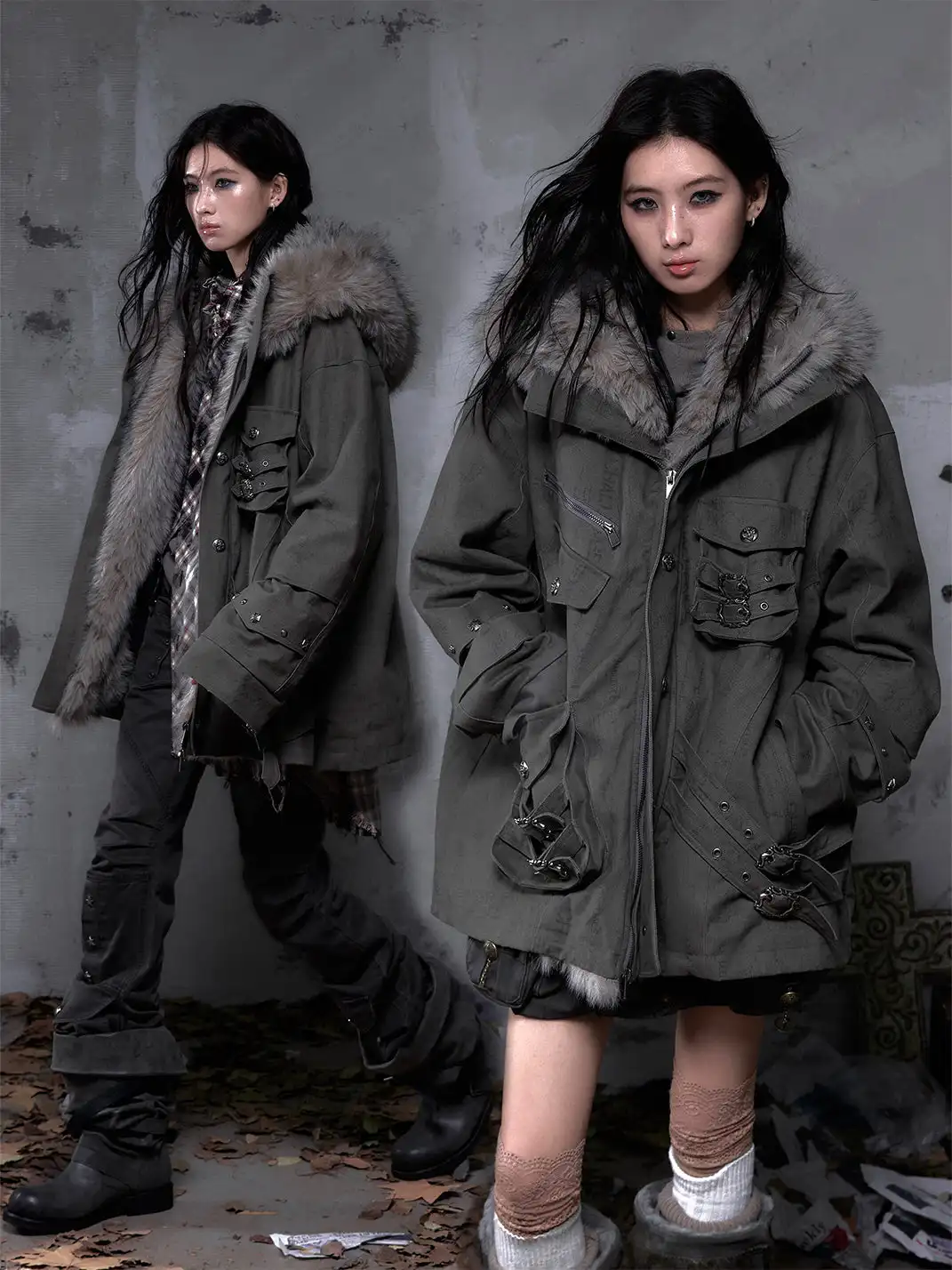 NO ROMANCE | Distressed 3D Pocket and Fur Collar Cotton Coat