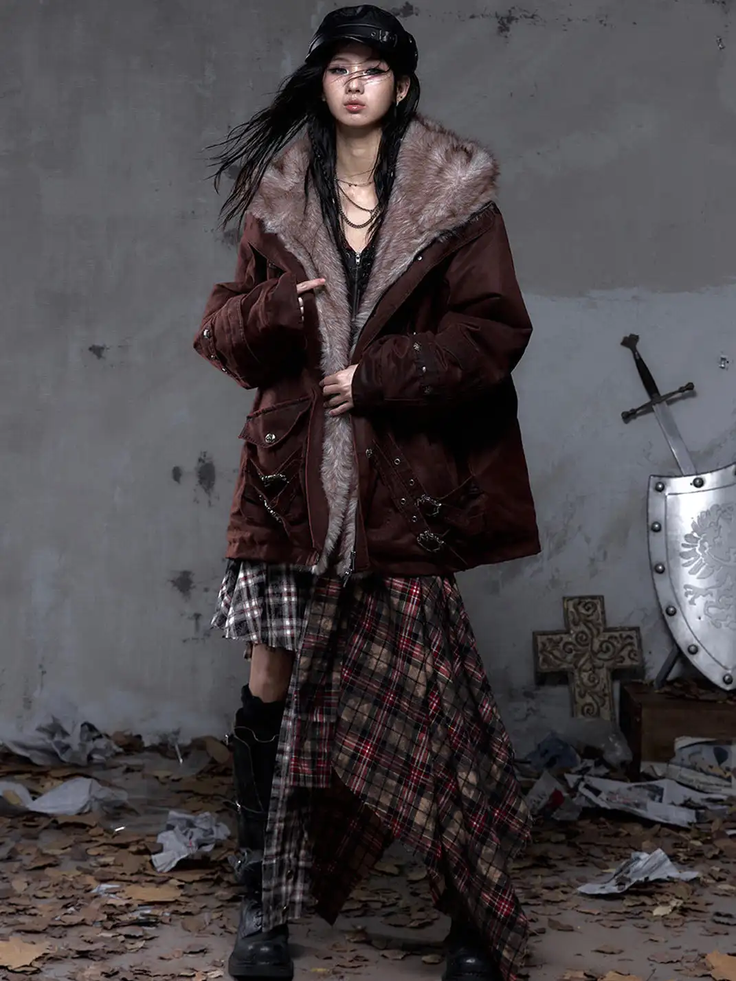 NO ROMANCE | Distressed 3D Pocket and Fur Collar Cotton Coat