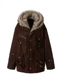 NO ROMANCE | Distressed 3D Pocket and Fur Collar Cotton Coat