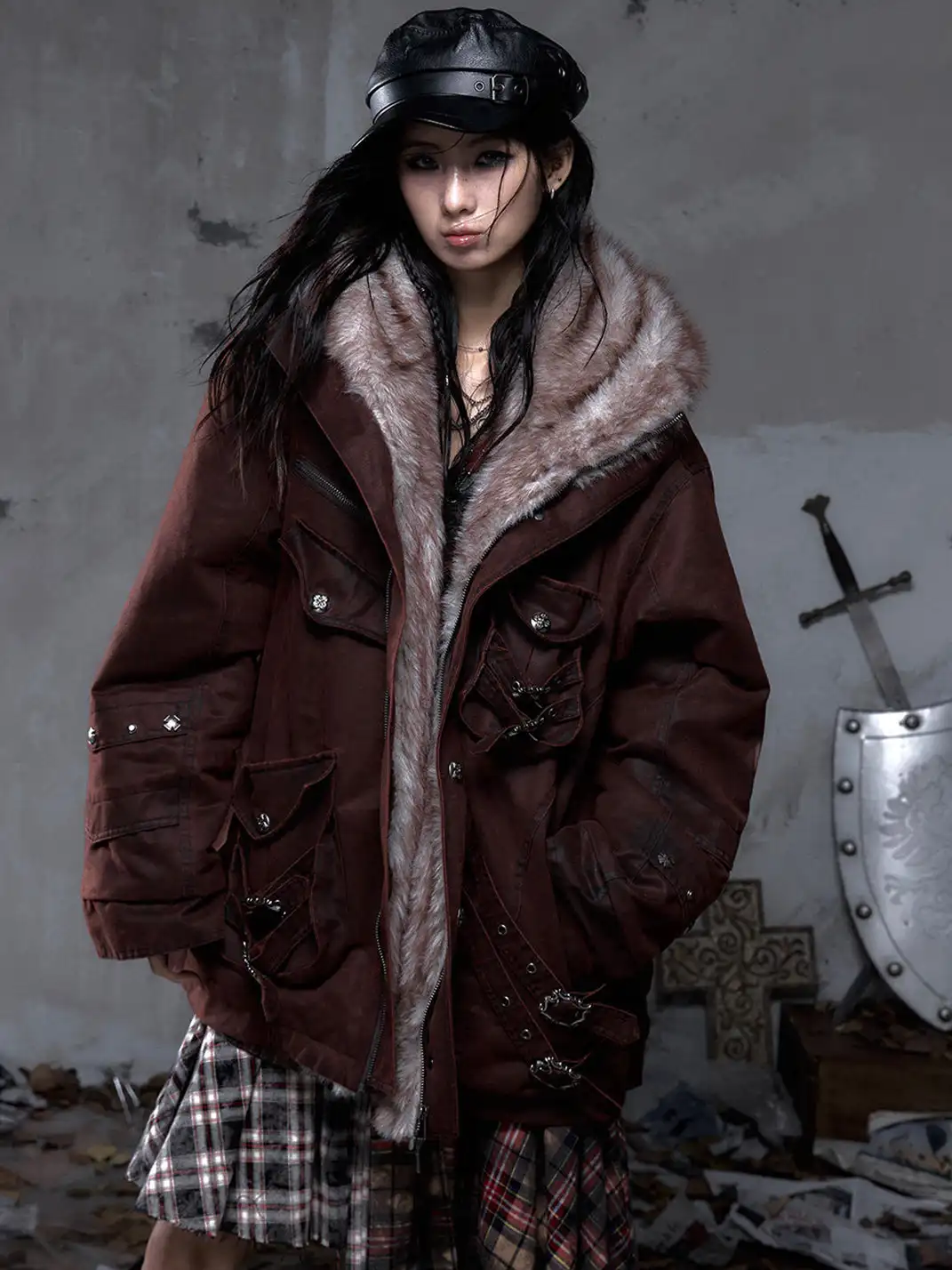 NO ROMANCE | Distressed 3D Pocket and Fur Collar Cotton Coat