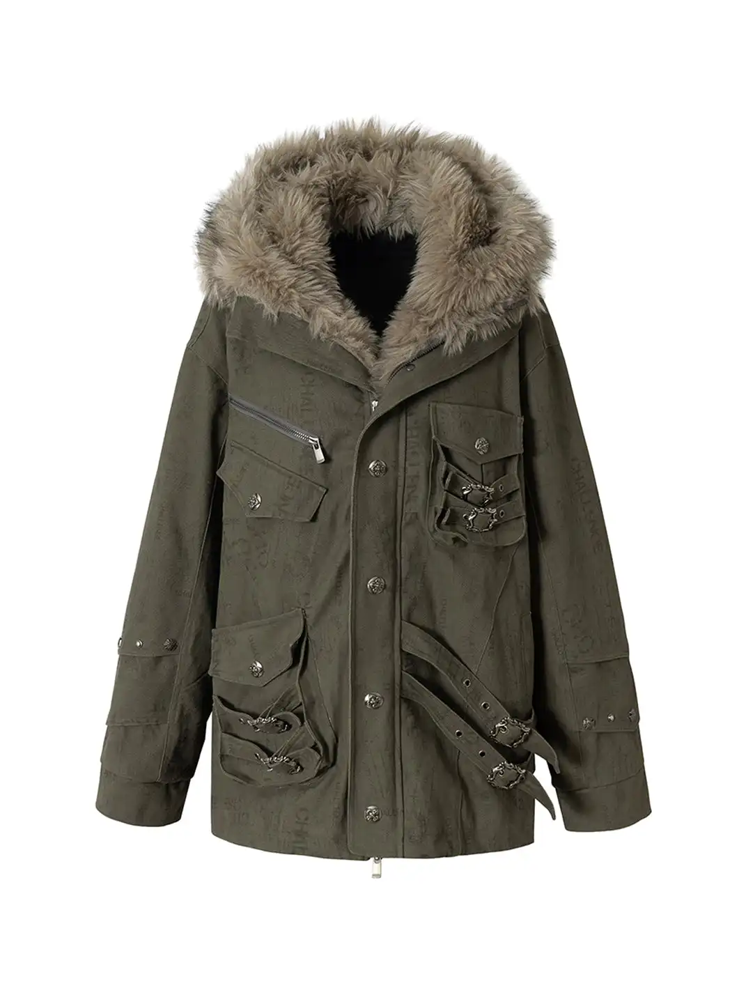 NO ROMANCE | Distressed 3D Pocket and Fur Collar Cotton Coat