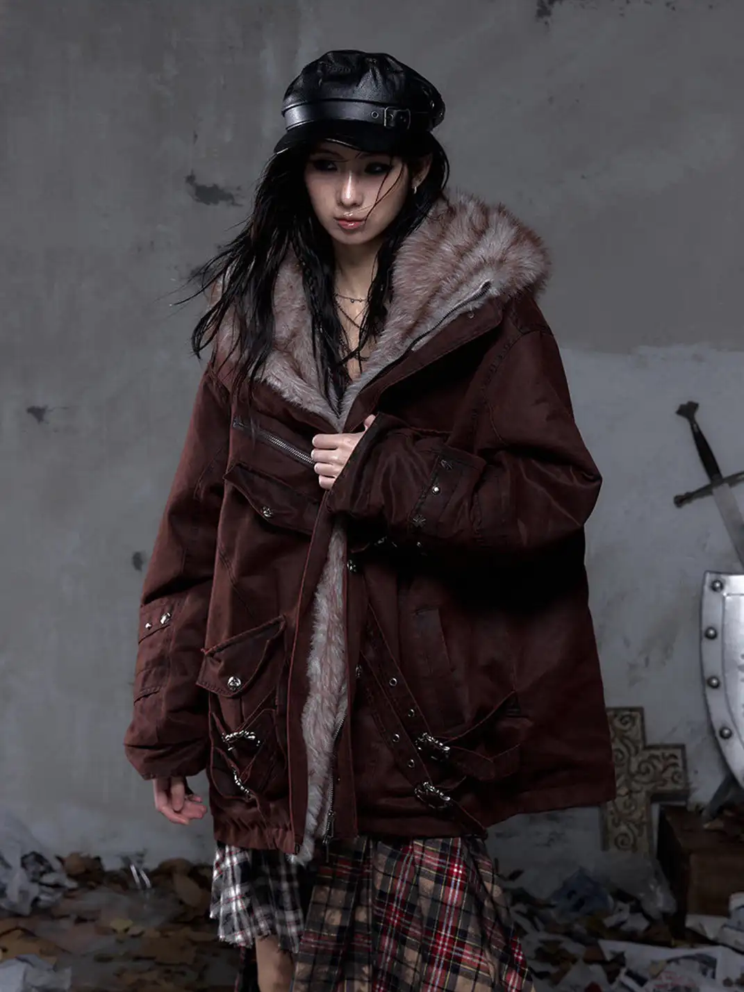 NO ROMANCE | Distressed 3D Pocket and Fur Collar Cotton Coat