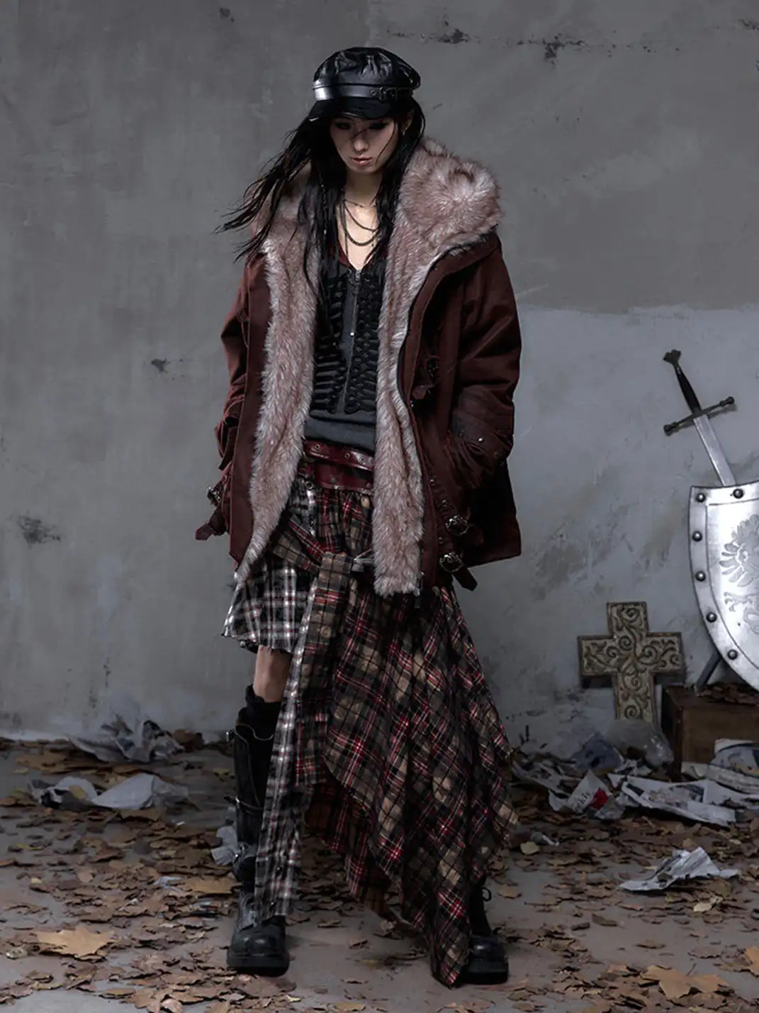 NO ROMANCE | Distressed 3D Pocket and Fur Collar Cotton Coat