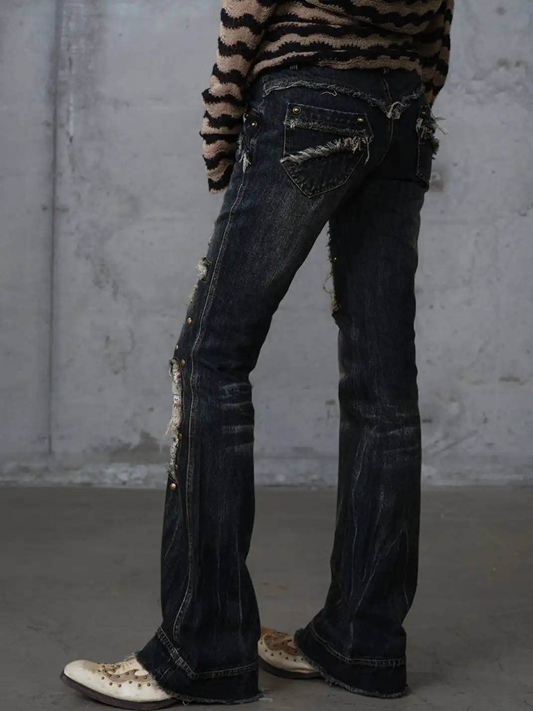 NO ROMANCE | Retro Punk Patchwork Plaid Rhinestone Jeans