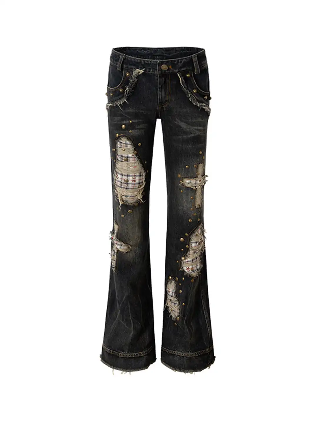 NO ROMANCE | Retro Punk Patchwork Plaid Rhinestone Jeans