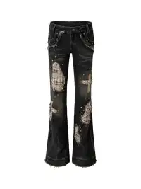 NO ROMANCE | Retro Punk Patchwork Plaid Rhinestone Jeans