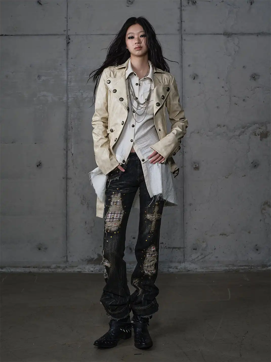 NO ROMANCE | Retro Punk Patchwork Plaid Rhinestone Jeans