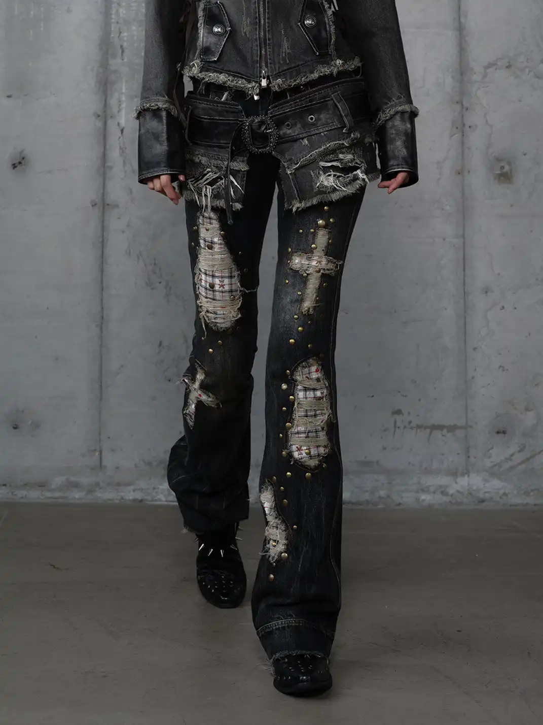 NO ROMANCE | Retro Punk Patchwork Plaid Rhinestone Jeans