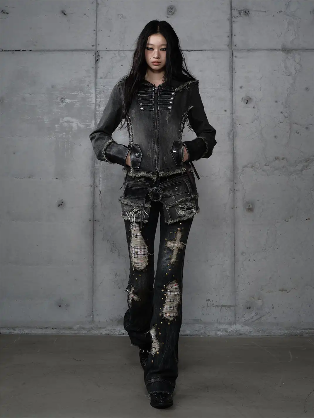 NO ROMANCE | Retro Punk Patchwork Plaid Rhinestone Jeans