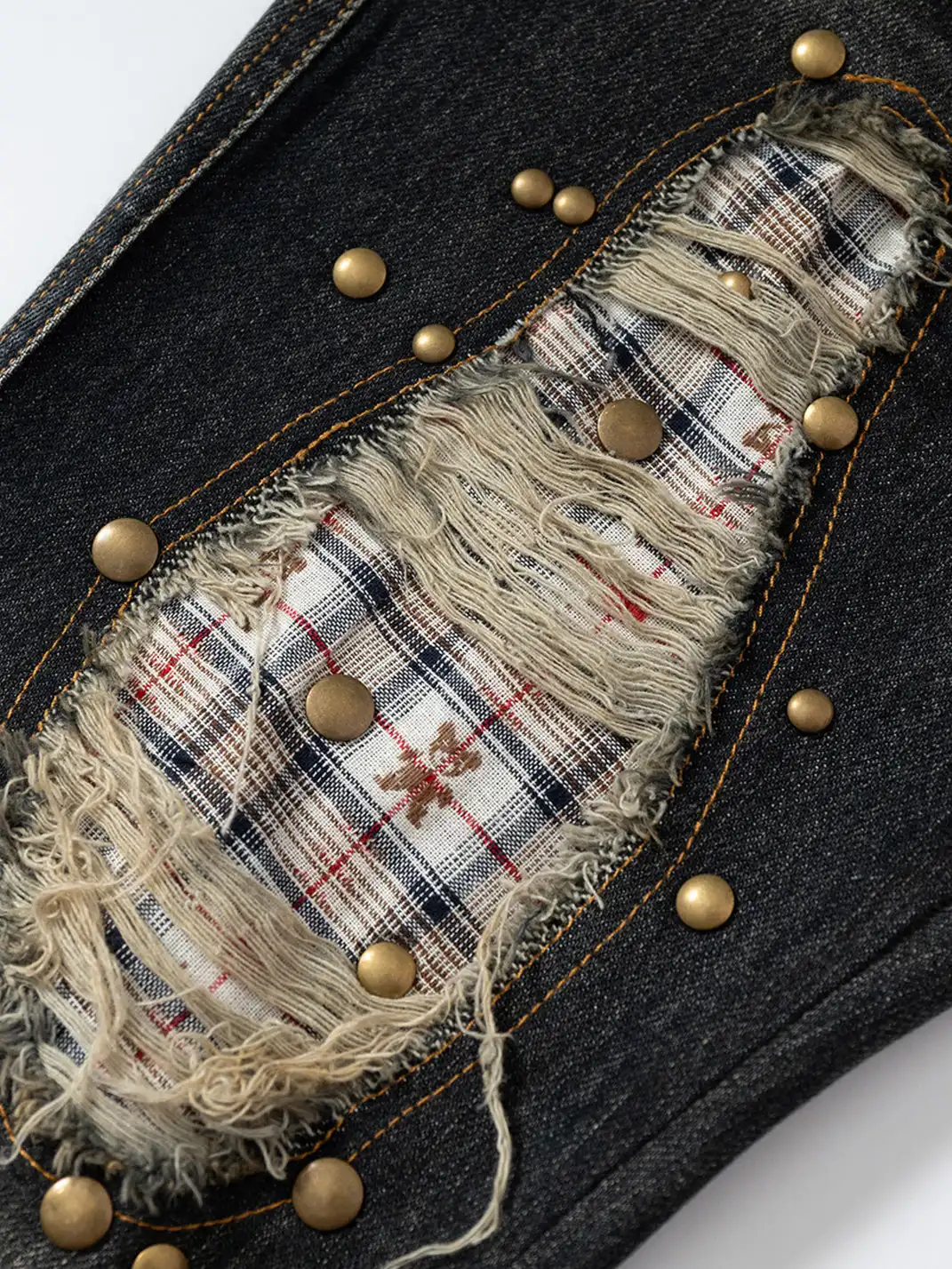 NO ROMANCE | Retro Punk Patchwork Plaid Rhinestone Jeans