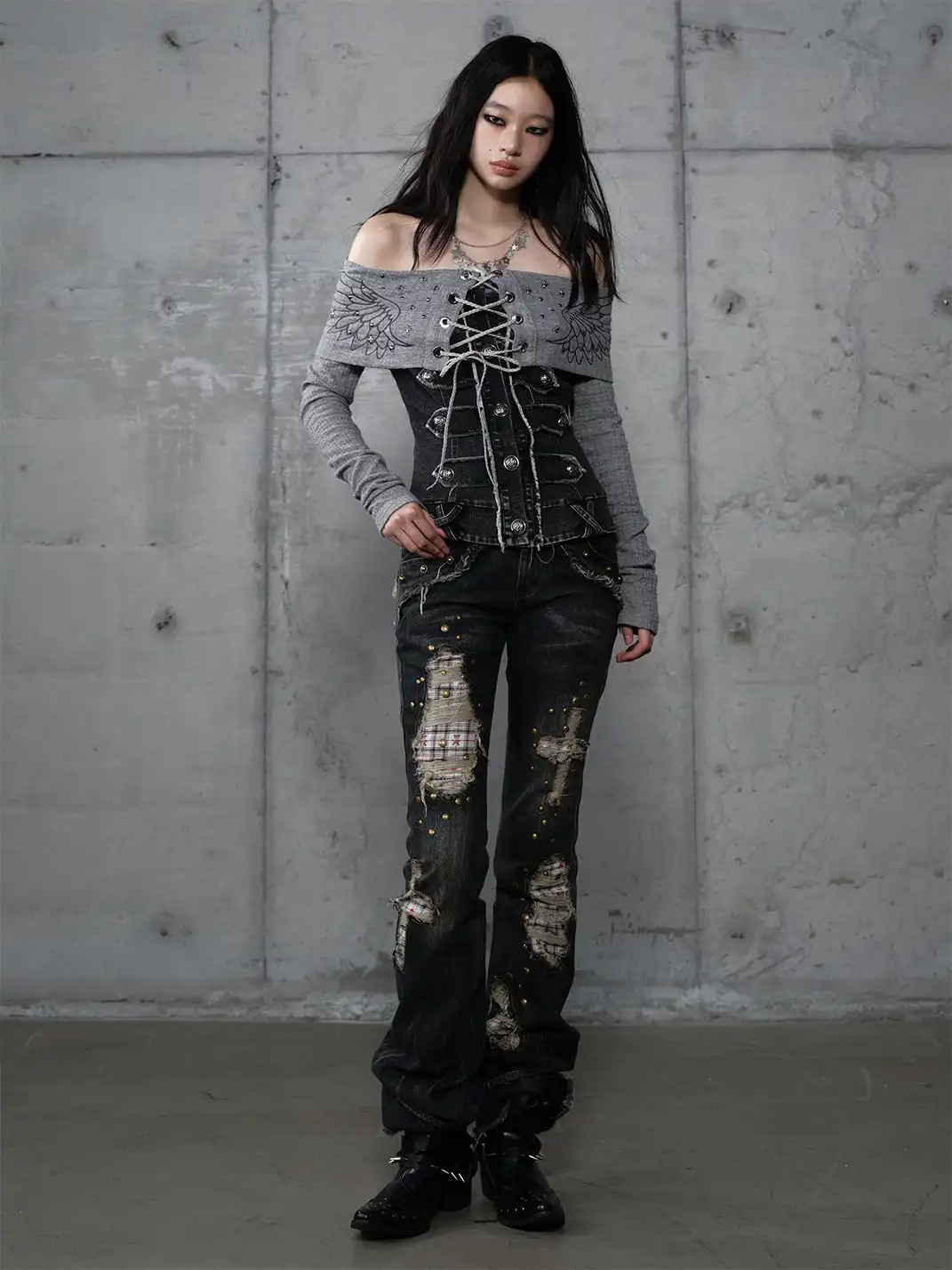 NO ROMANCE | Retro Punk Patchwork Plaid Rhinestone Jeans