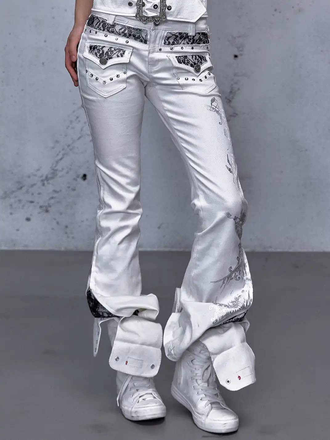 NO ROMANCE | Rhinestone Lace Patchwork Jeans