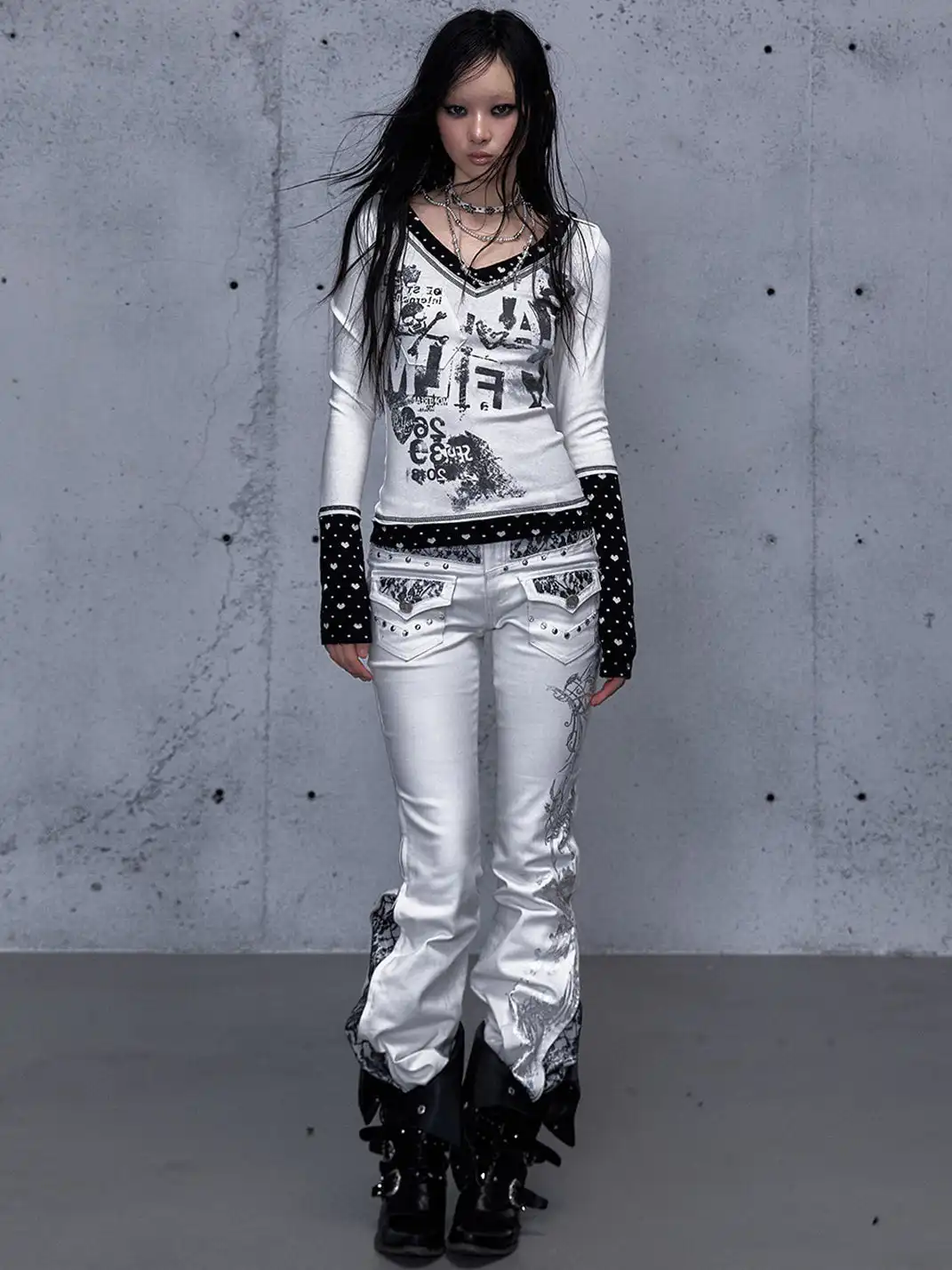 NO ROMANCE | Rhinestone Lace Patchwork Jeans