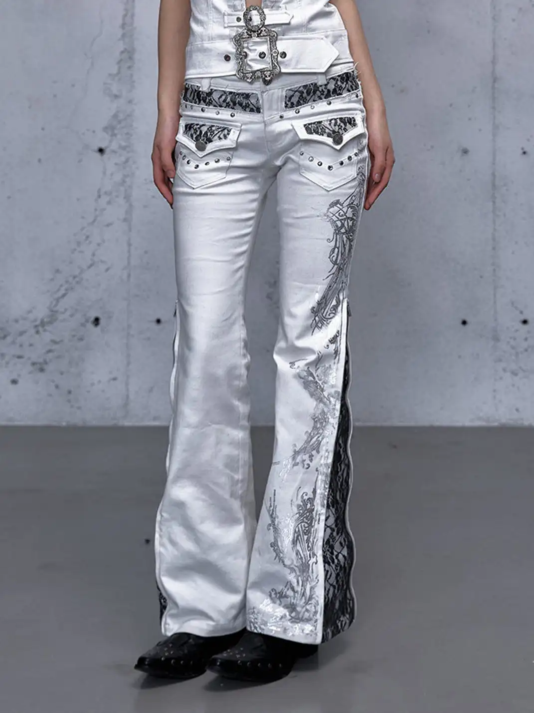 NO ROMANCE | Rhinestone Lace Patchwork Jeans