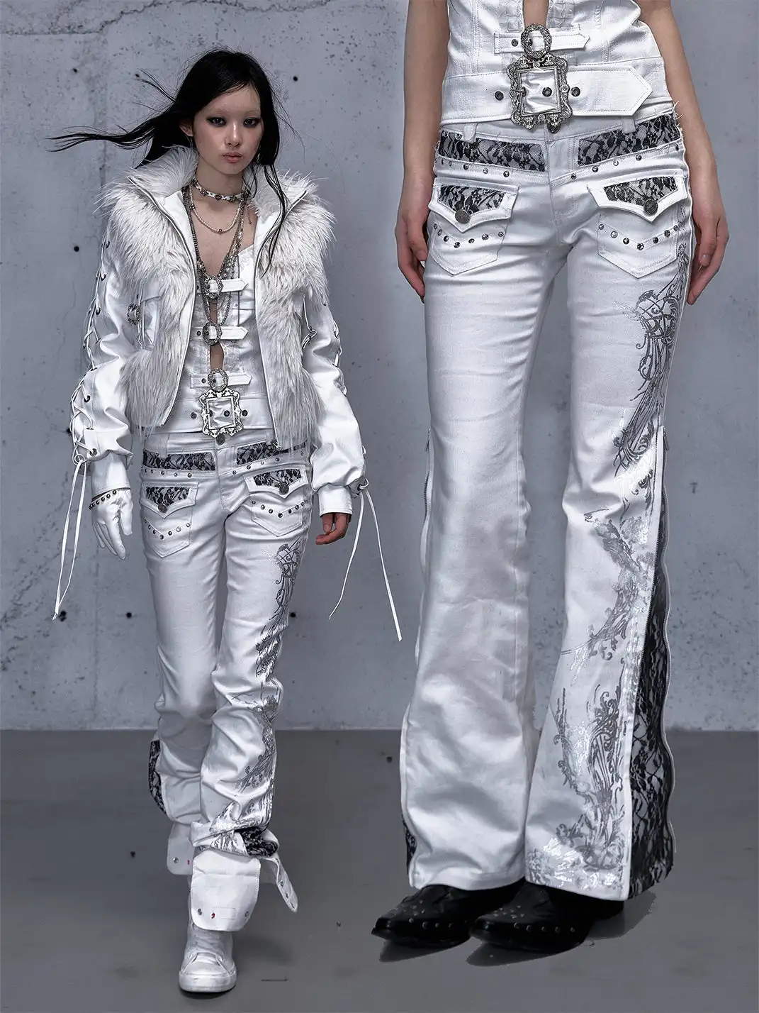 NO ROMANCE | Rhinestone Lace Patchwork Jeans