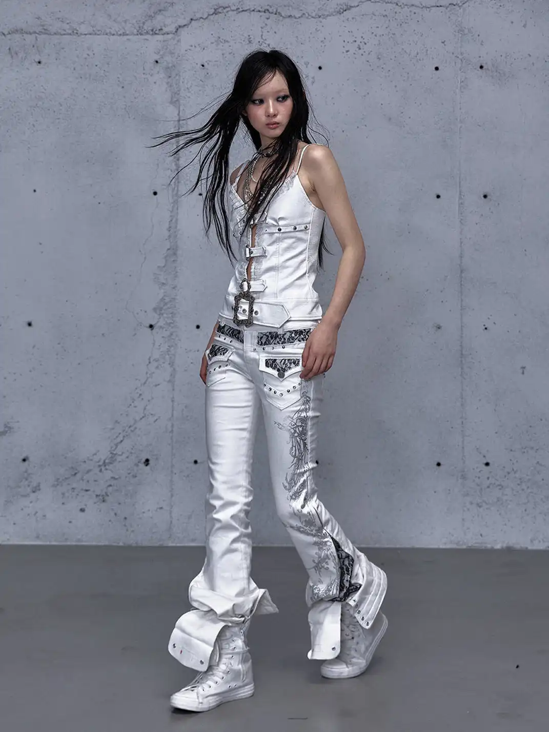 NO ROMANCE | Rhinestone Lace Patchwork Jeans
