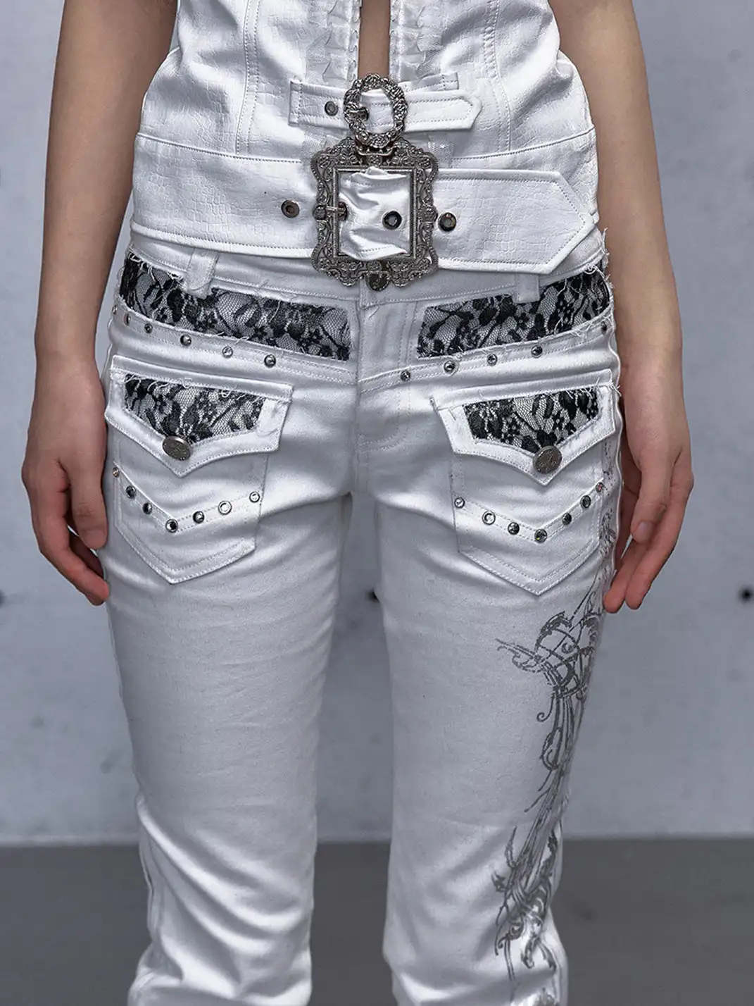 NO ROMANCE | Rhinestone Lace Patchwork Jeans