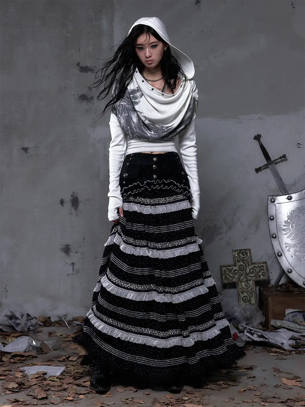 NO ROMANCE | Patchwork Gathered A-Line Skirt