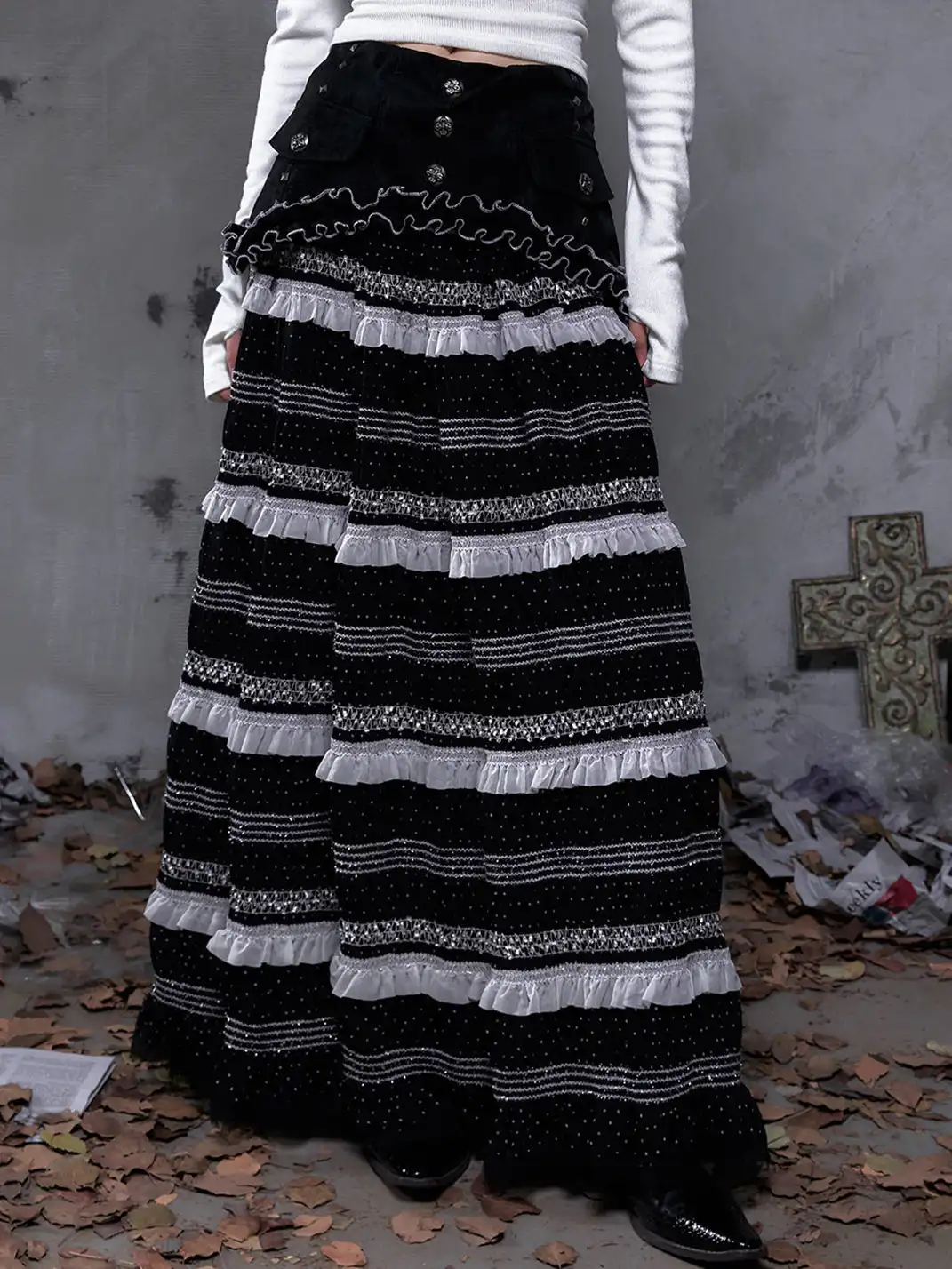 NO ROMANCE | Patchwork Gathered A-Line Skirt