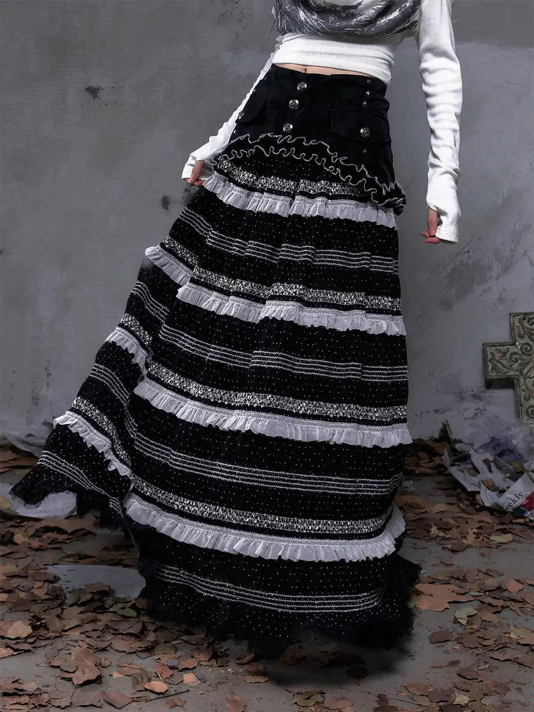 NO ROMANCE | Patchwork Gathered A-Line Skirt