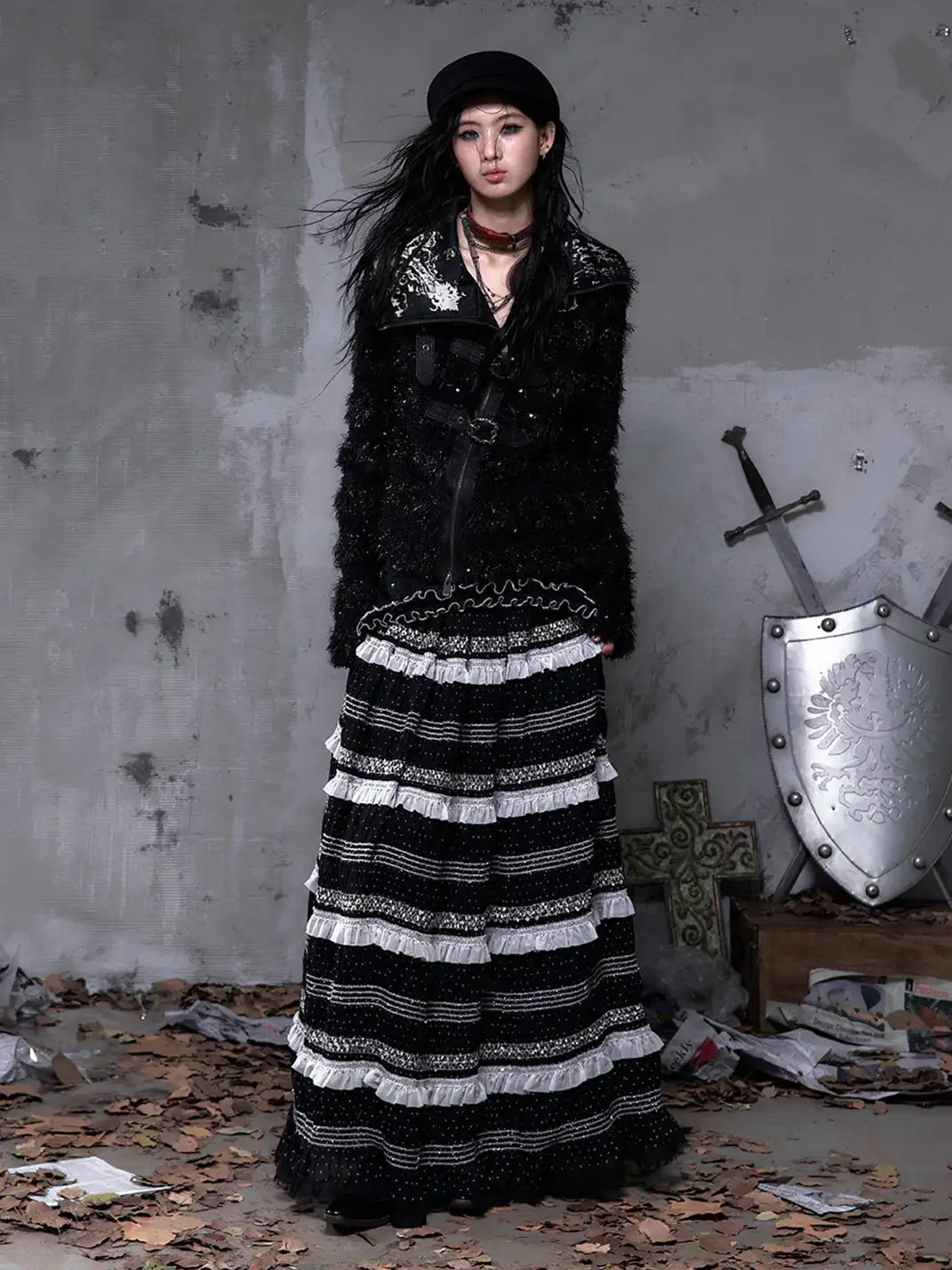 NO ROMANCE | Patchwork Gathered A-Line Skirt