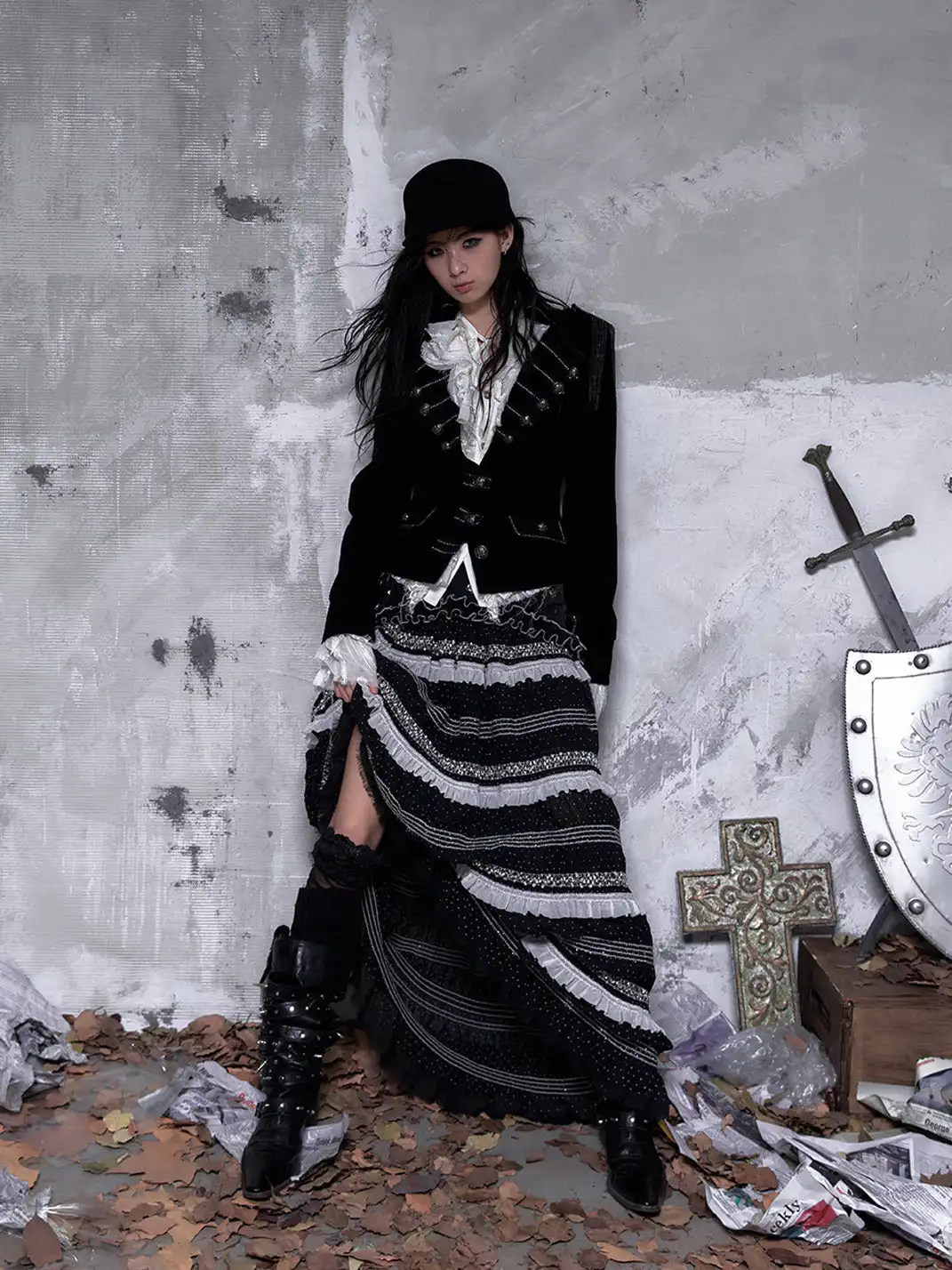 NO ROMANCE | Patchwork Gathered A-Line Skirt