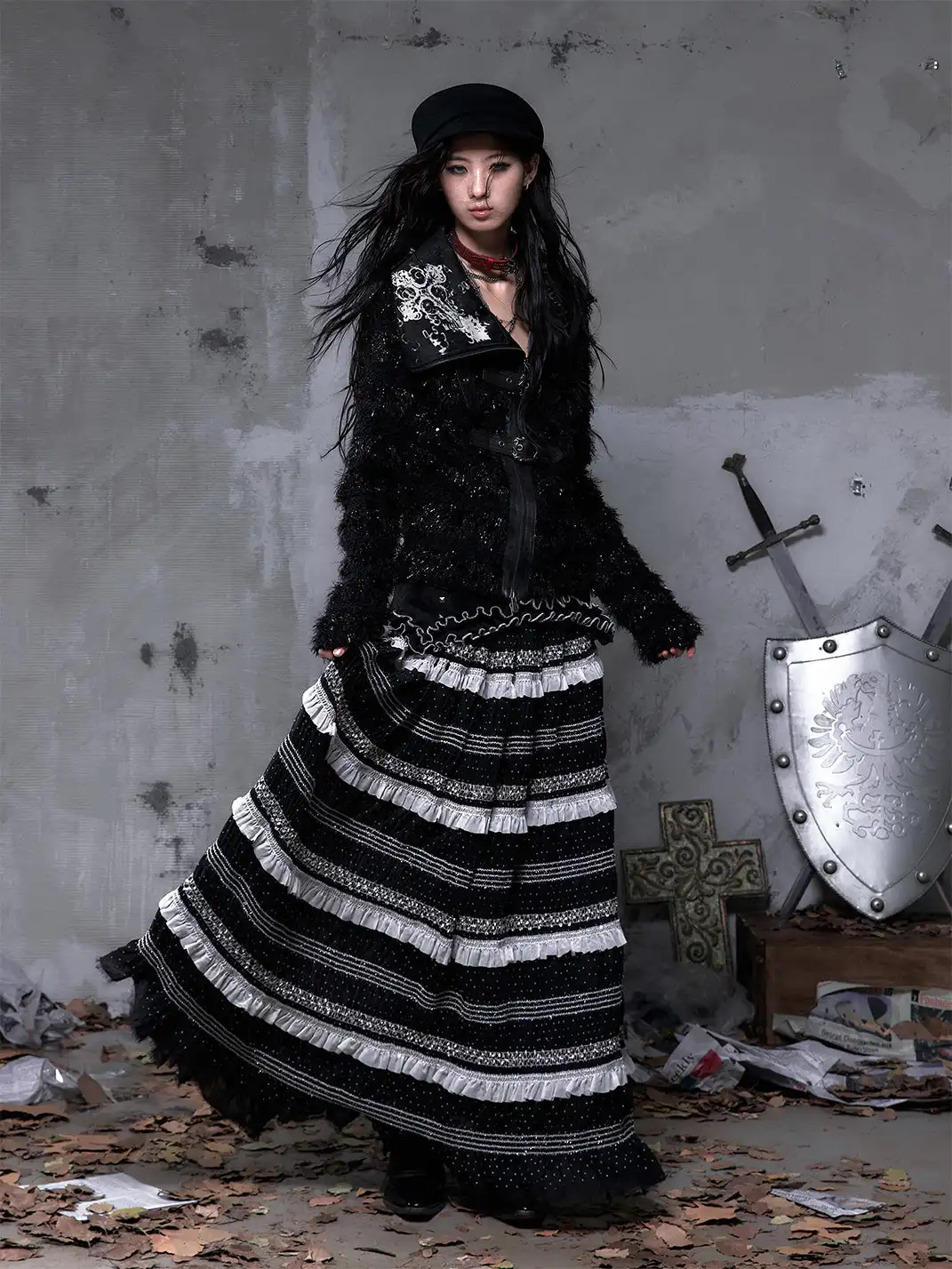 NO ROMANCE | Patchwork Gathered A-Line Skirt