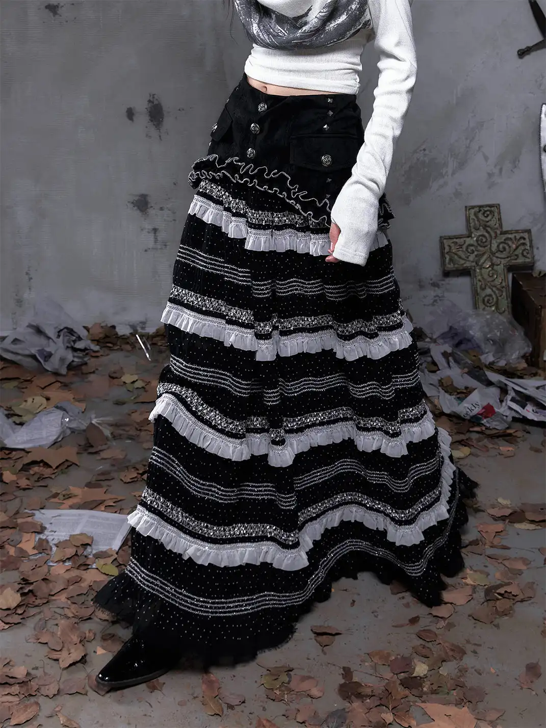 NO ROMANCE | Patchwork Gathered A-Line Skirt
