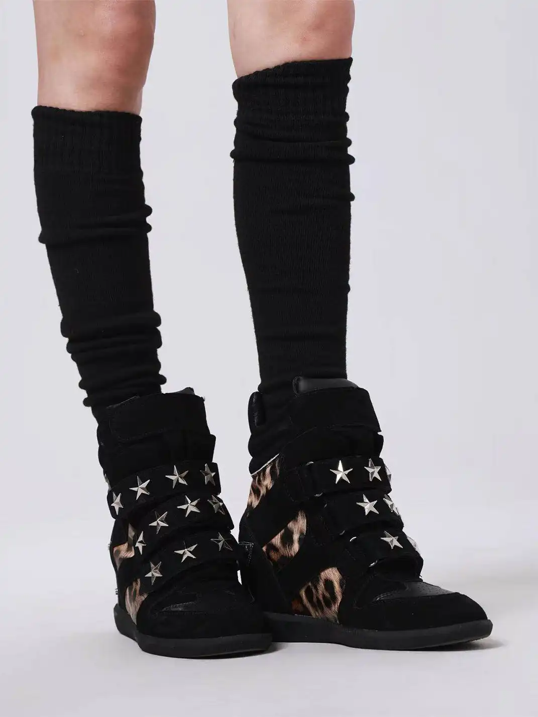 DETW | Vintage Leopard-Print Studded High-Top Wedge Shoes